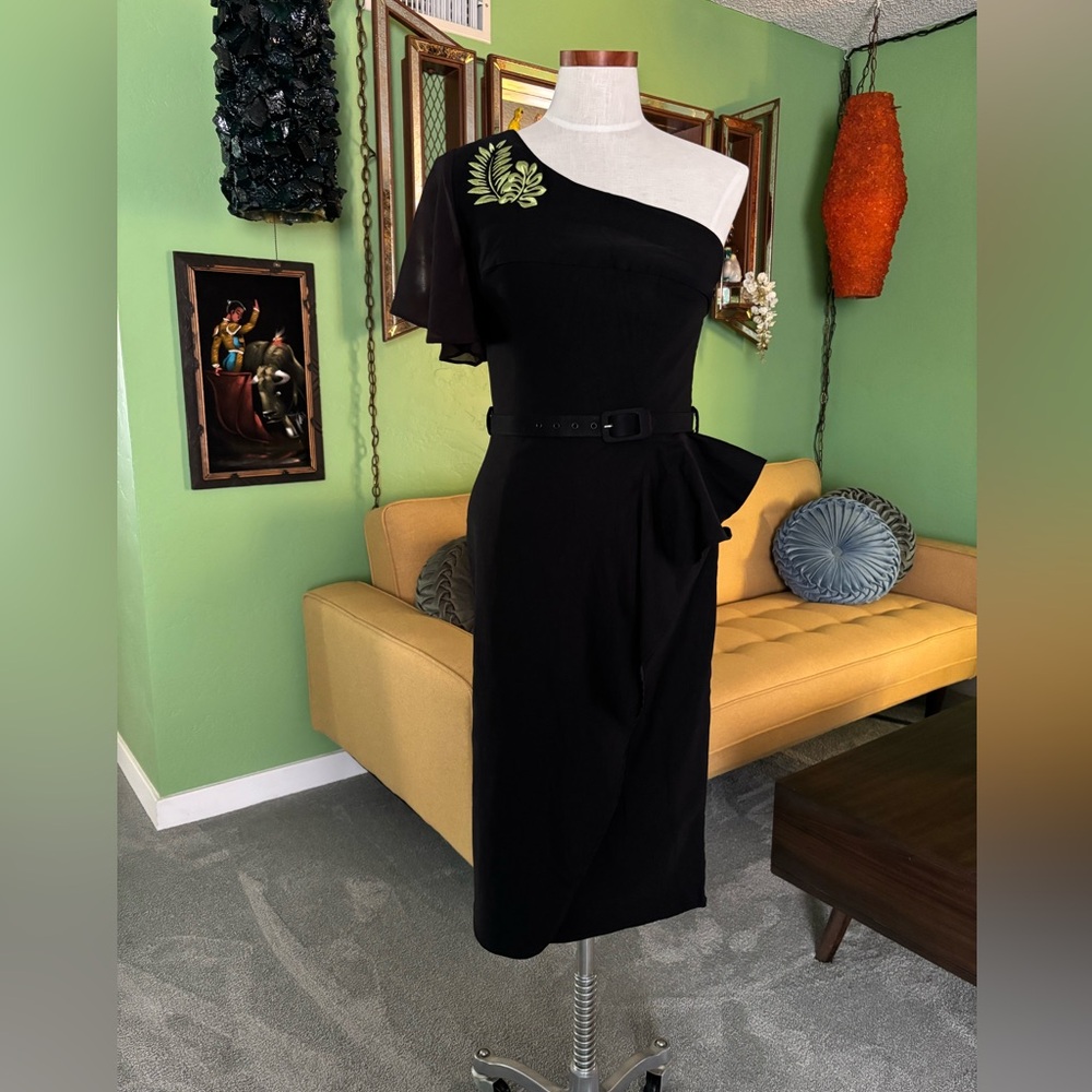 One-Shoulder Black Sheath Dress with Belt